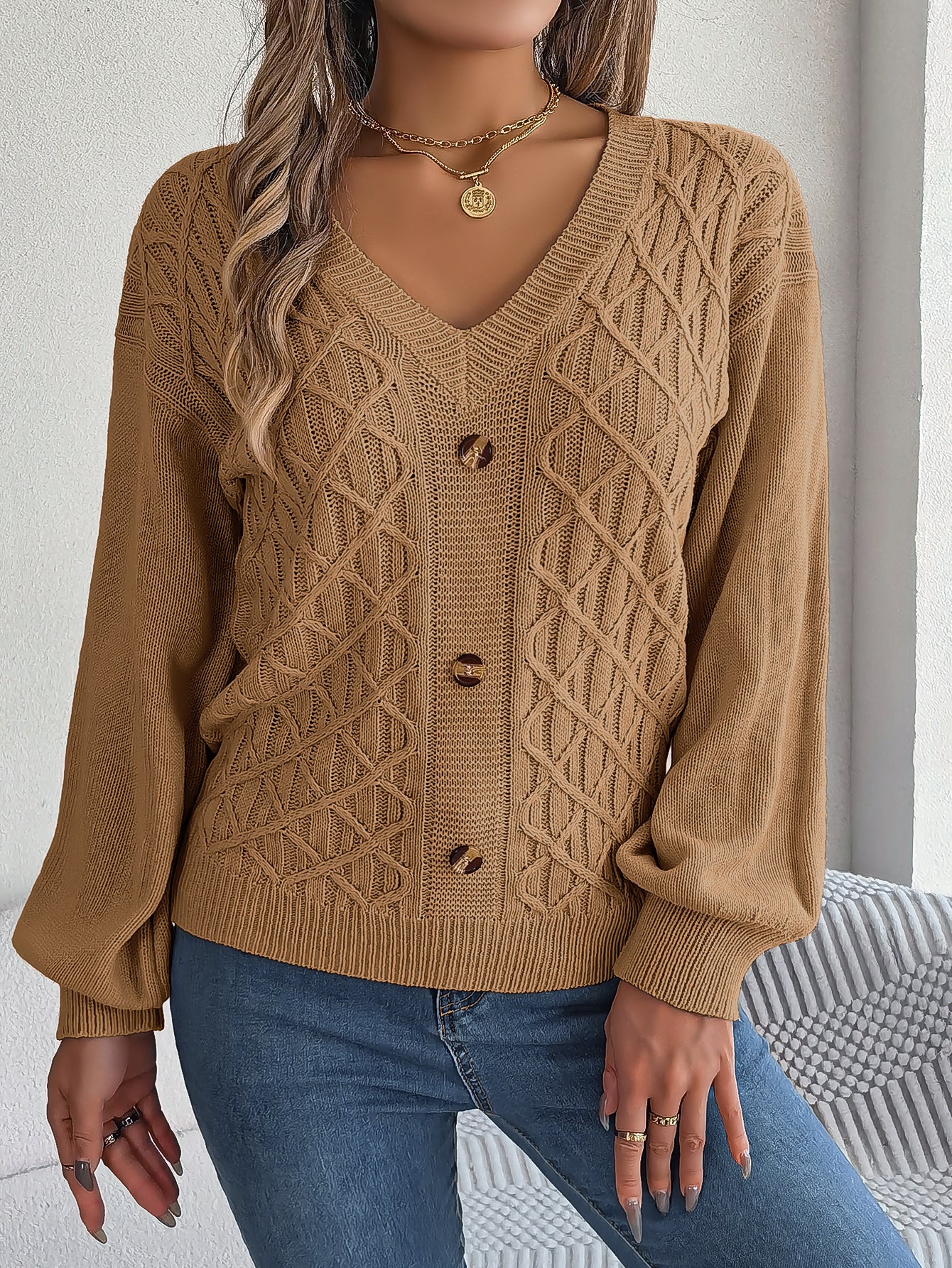 Women Casual Button Cable Knit Lantern Sleeve Pullover Sweater