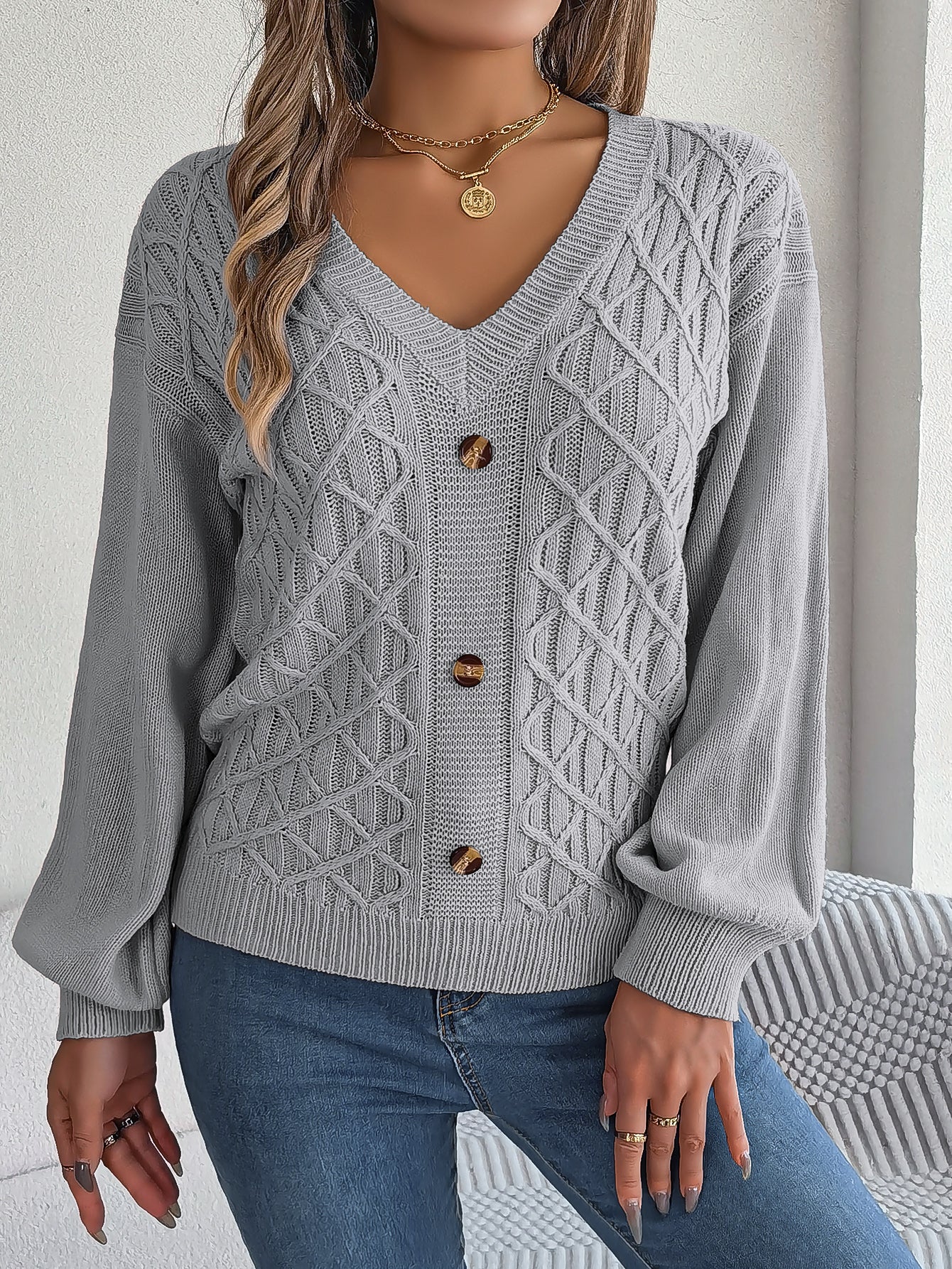 Women Casual Button Cable Knit Lantern Sleeve Pullover Sweater
