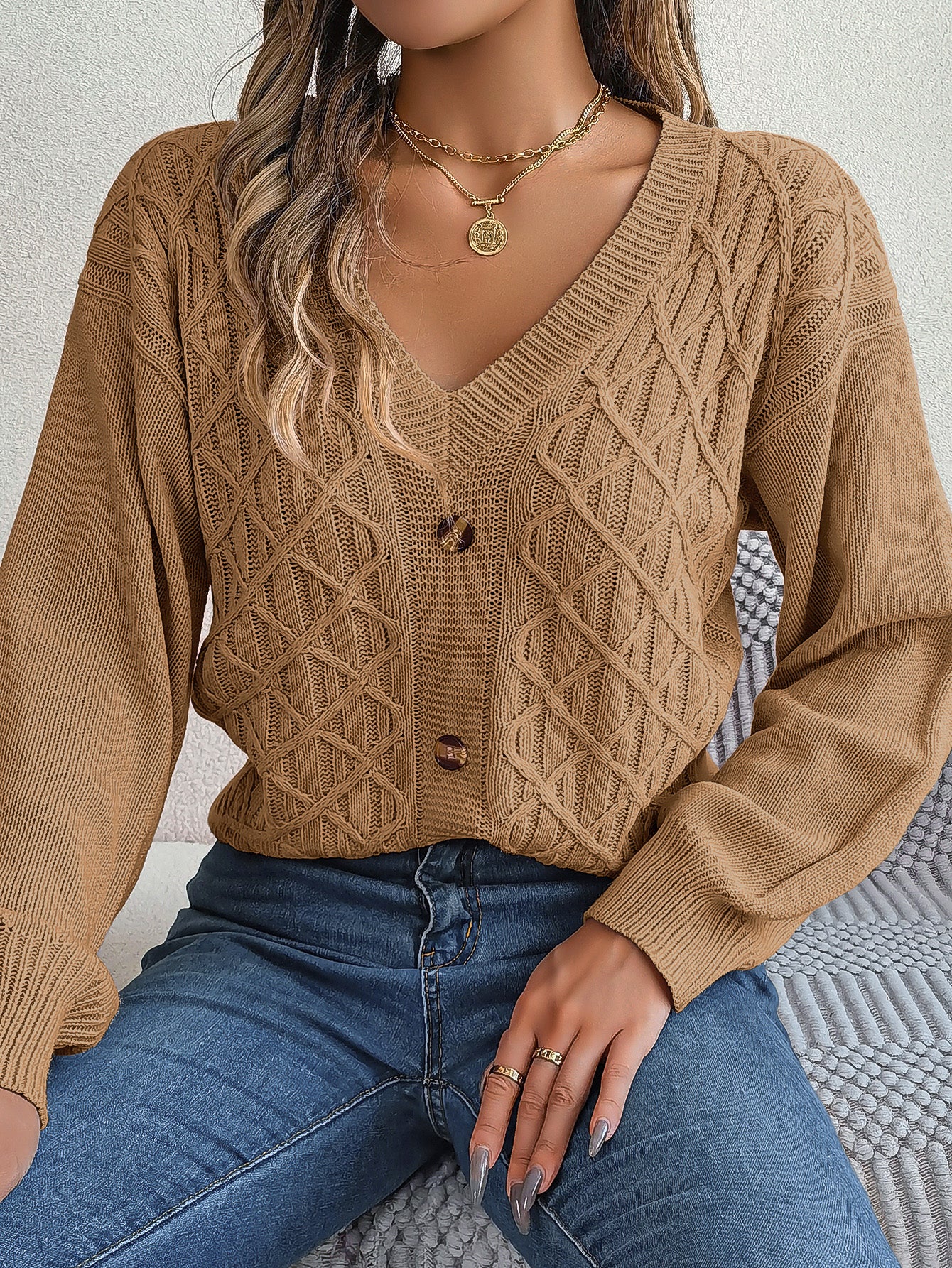 Women Casual Button Cable Knit Lantern Sleeve Pullover Sweater