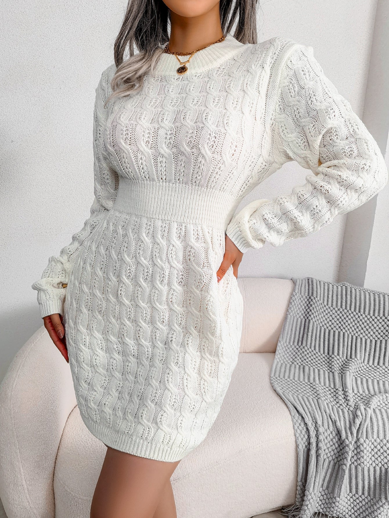Casual Cable Knit Waist Cinched Bodycon Sweater Dress
