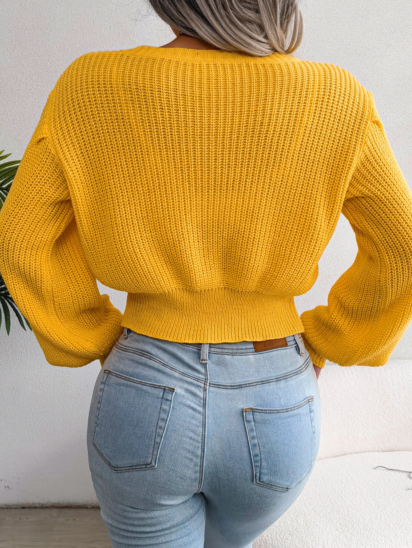 Women Casual Cable Knit Lantern Sleeve Cinched Sweater