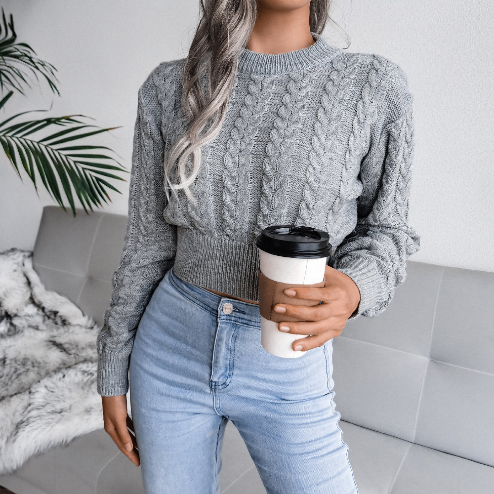 Cable Knit Waist Cinched Cropped Sweater