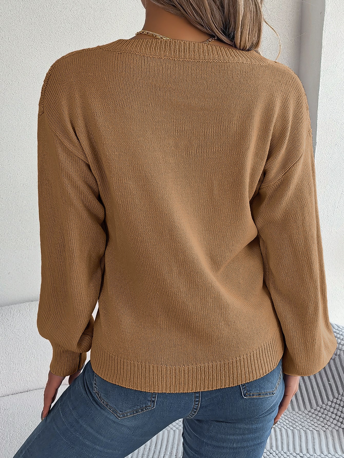 Women Casual Button Cable Knit Lantern Sleeve Pullover Sweater