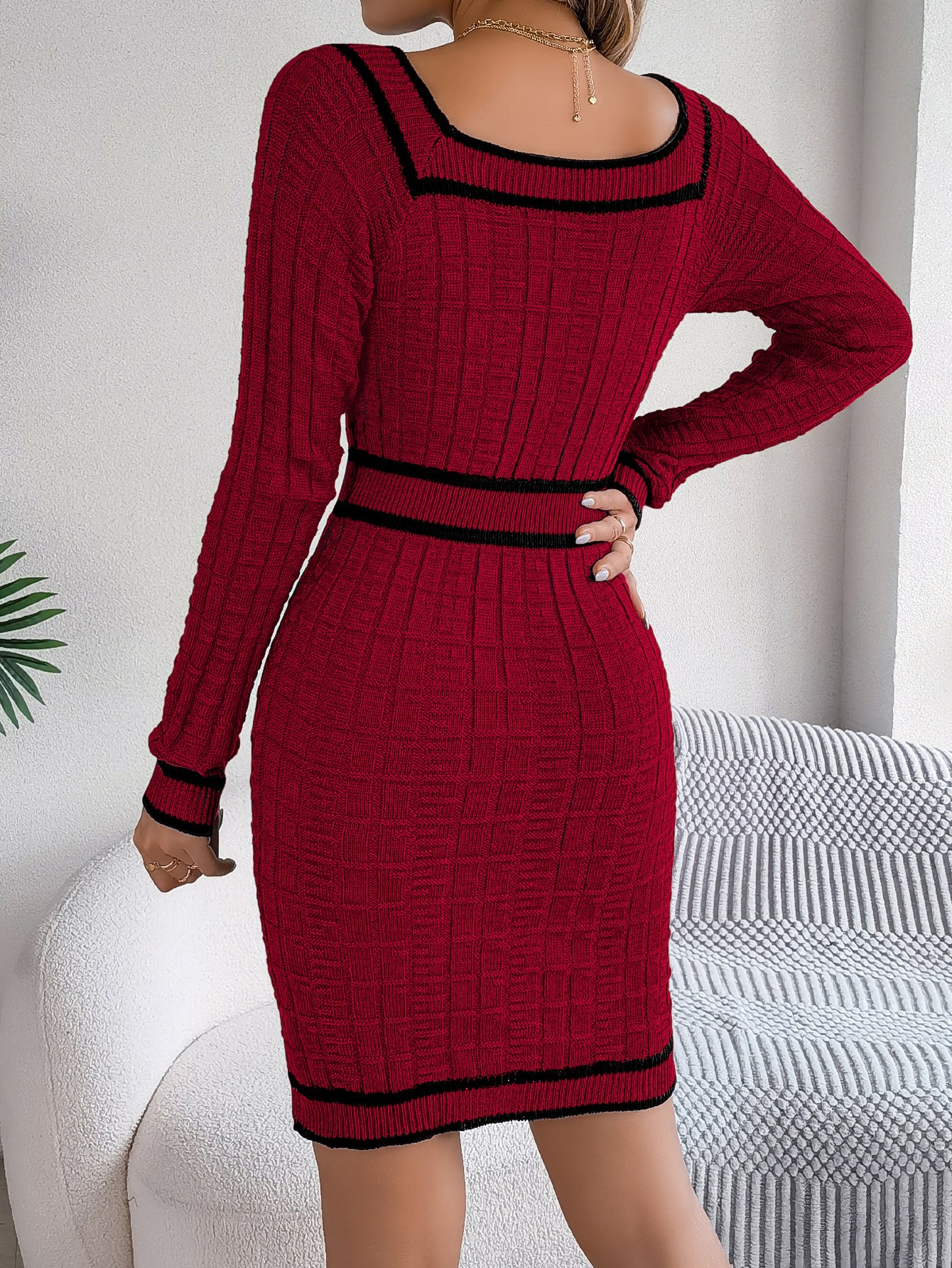 Elegant Square Neck Button Long Sleeve Sweater Dress