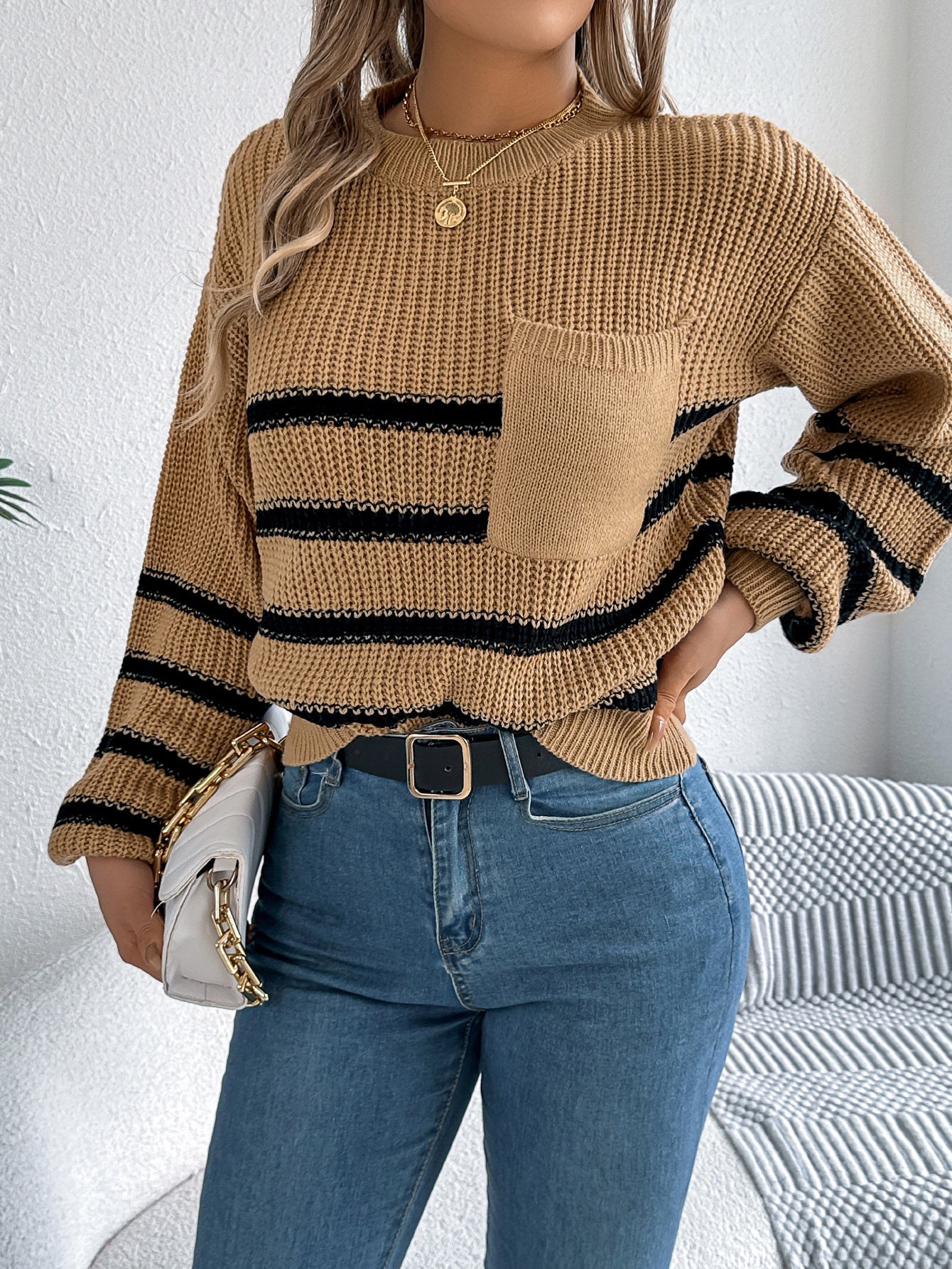 Women Casual Color Block Stripe Lantern Sleeve Pullover Sweater