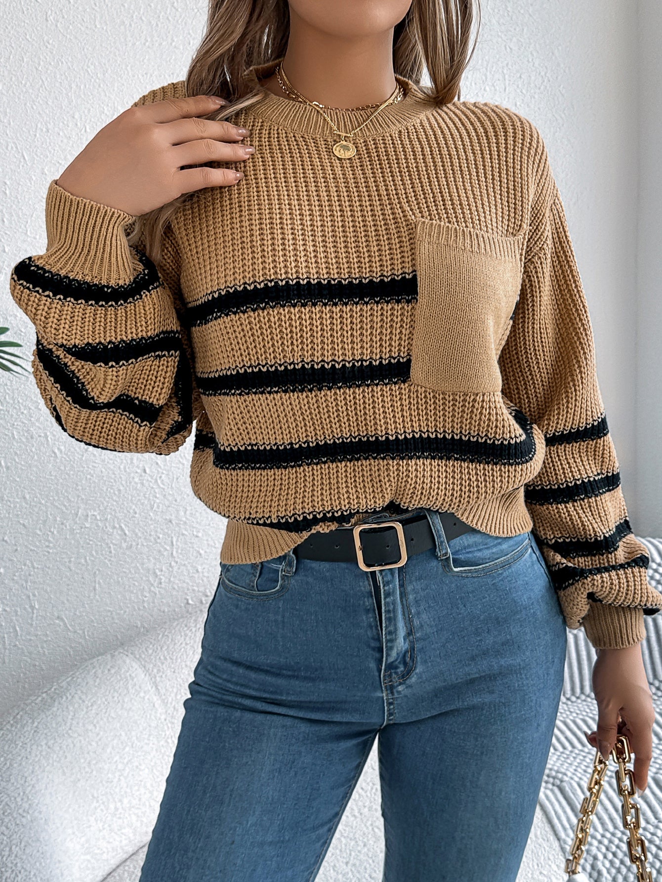 Women Casual Color Block Stripe Lantern Sleeve Pullover Sweater