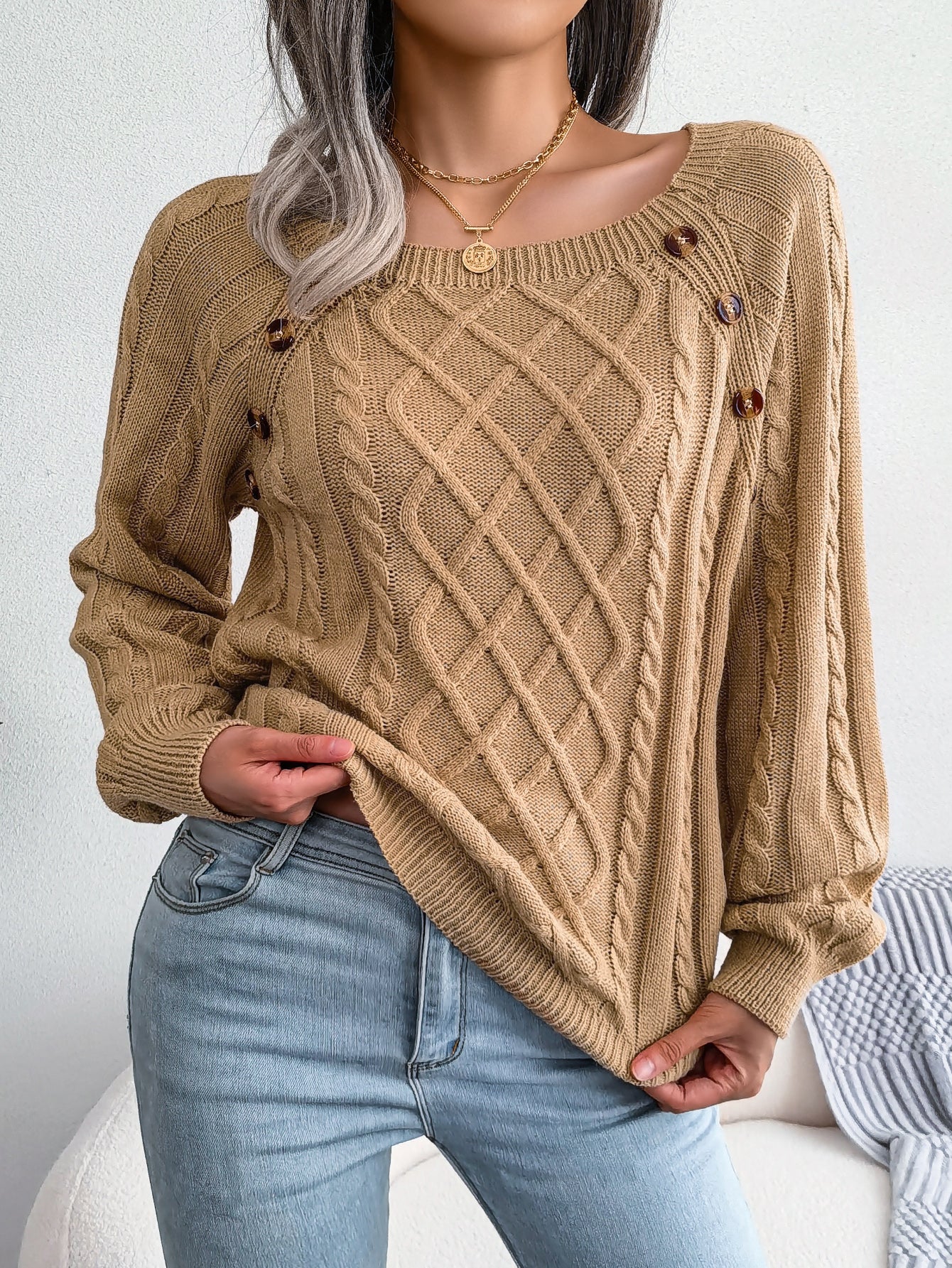 Casual Square Neck Buttoned Cable Knit Pullover Sweater