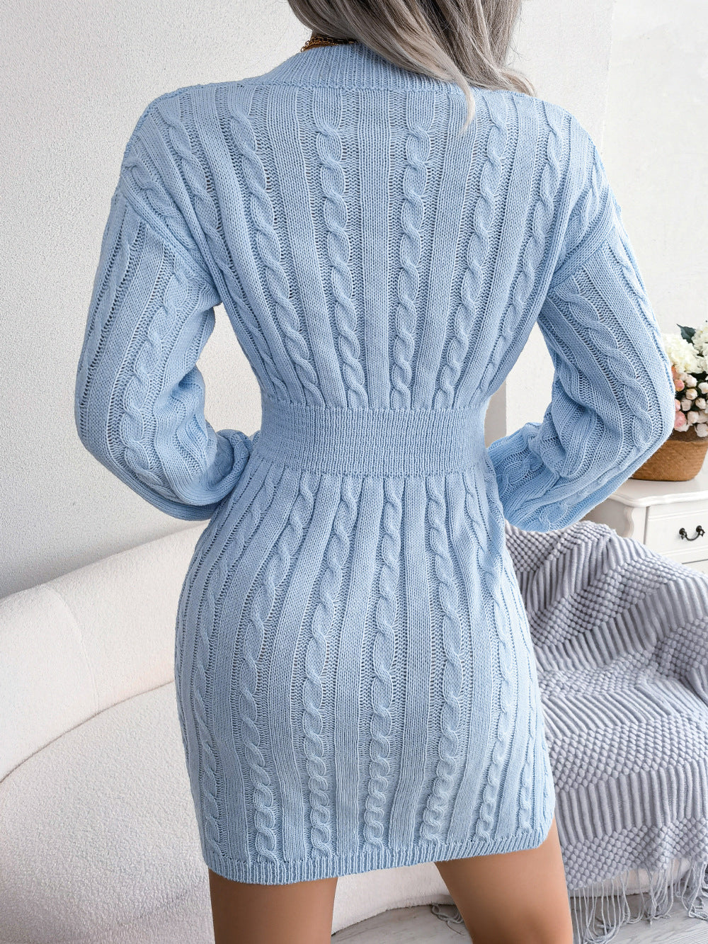 Fashion Cinched Waist Cable Knit Bodycon Sweater Dress