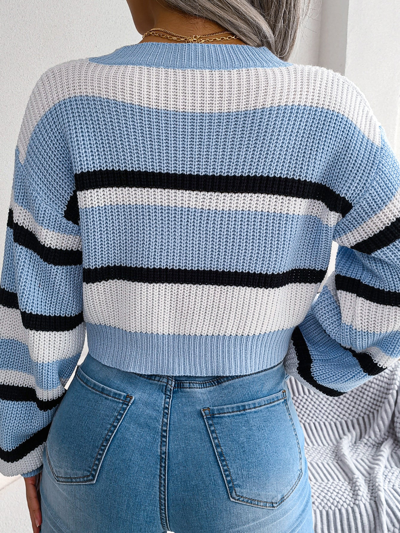 Casual Striped Long Sleeve Cropped Knit Sweater